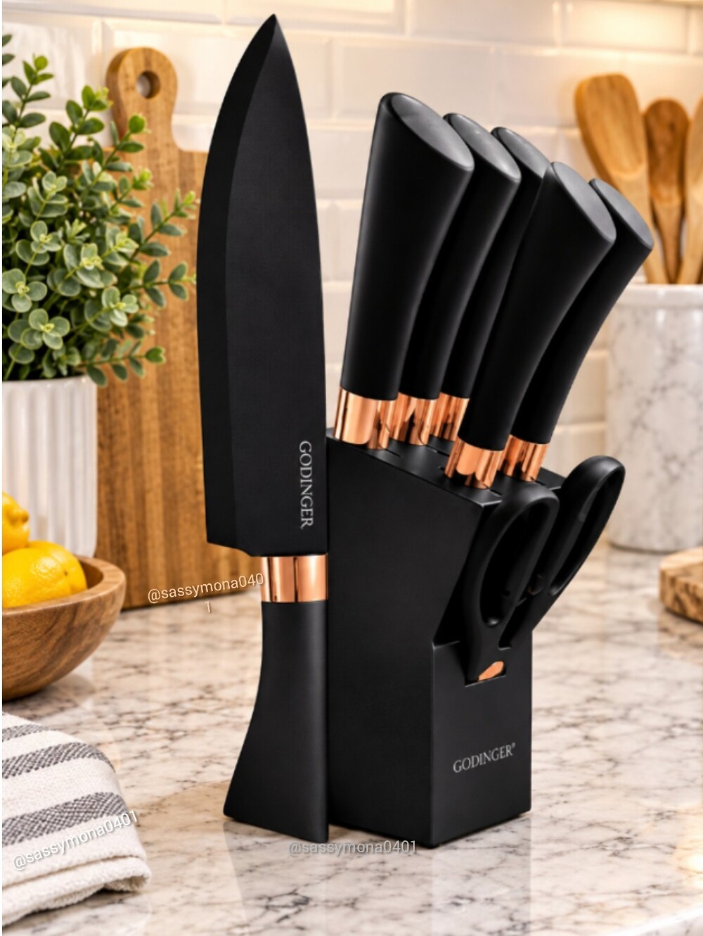 GODINGER 7 Pcs Knife Set Block & Scissors Black & Rose Gold